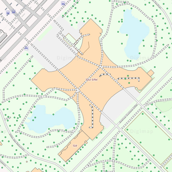 Image of a map of the Eiffel Tower in Paris, using OpenStreetMap mapping.