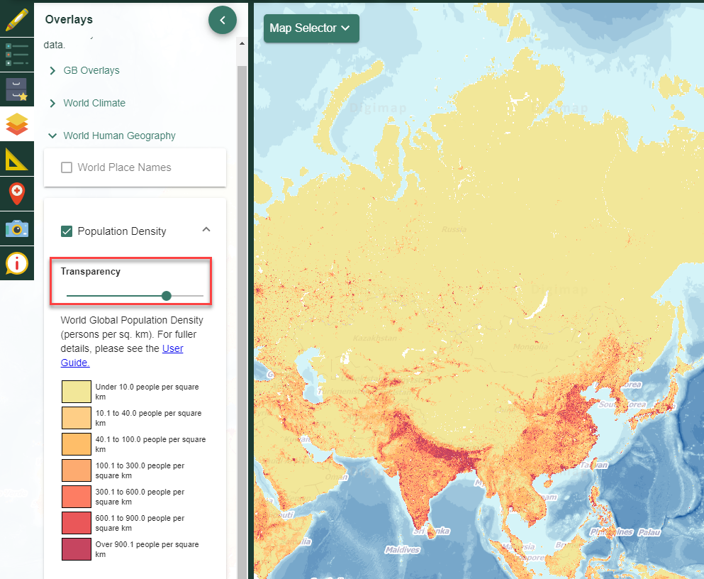 Overlays menu with Population Density selected