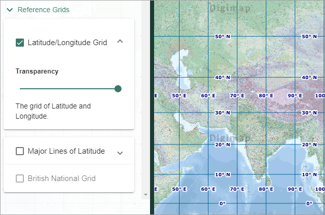 Overlays menu with Latitude/Longitude Grid checked